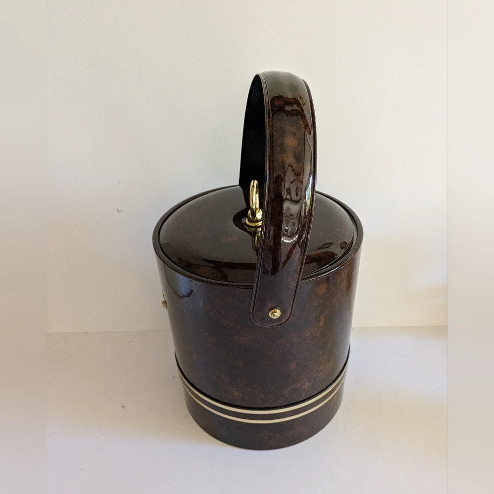 Ice Bucket Faux Tortoise With Lid Vintage Made USA Monogram Letters Thongs
